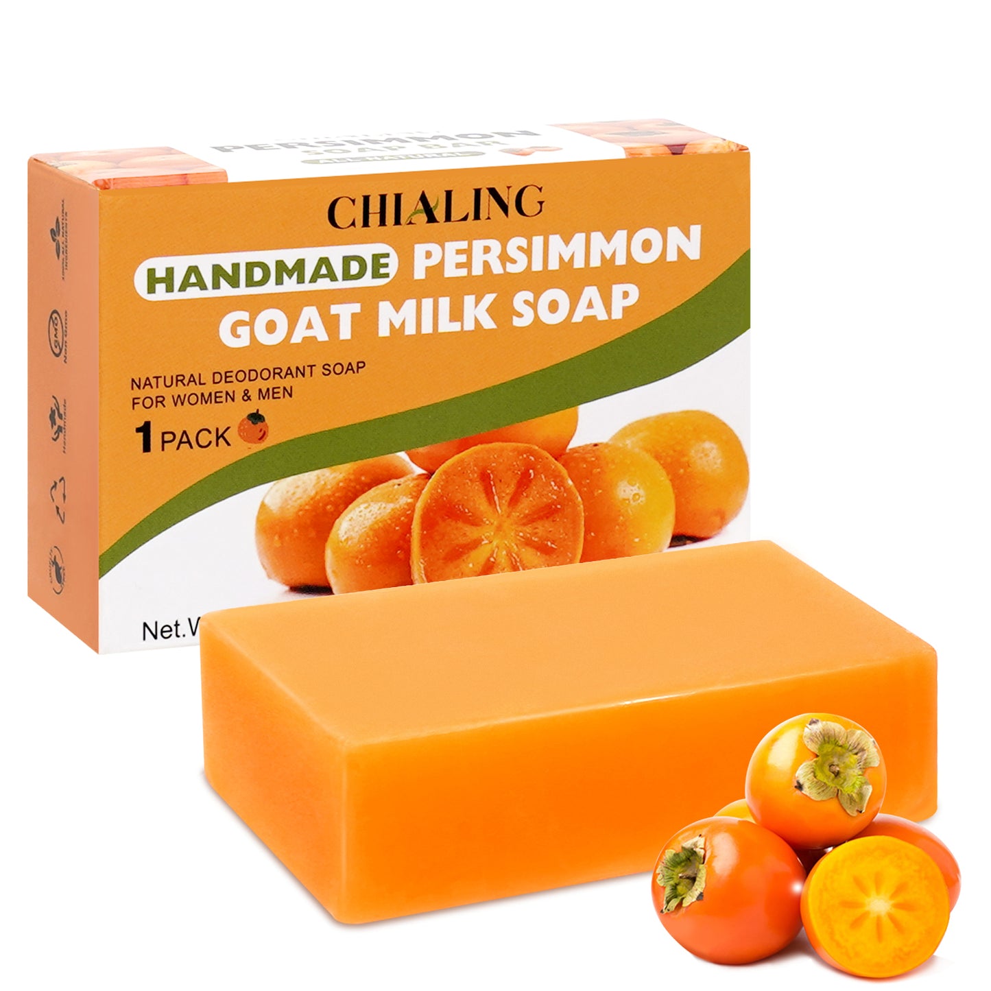 Chialing Persimmon Body Soaps Bar for Eliminate Nonenal Odor| Purely Natural Handmade| Persimmon Soap For Old People Smell Rich Persimmon & Goat Milk Extract Soap for Men & Women