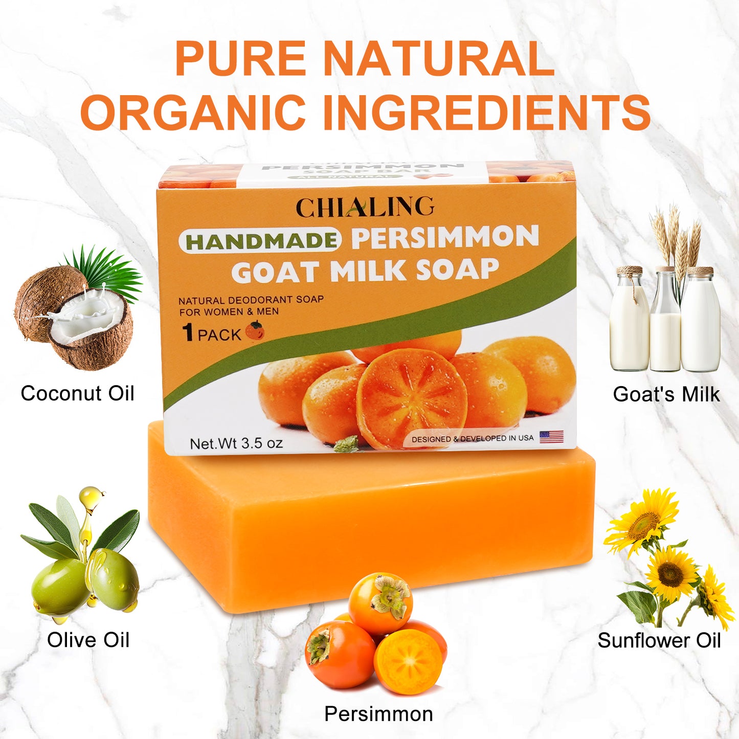 Chialing Persimmon Body Soaps Bar for Eliminate Nonenal Odor| Purely Natural Handmade| Persimmon Soap For Old People Smell Rich Persimmon & Goat Milk Extract Soap for Men & Women