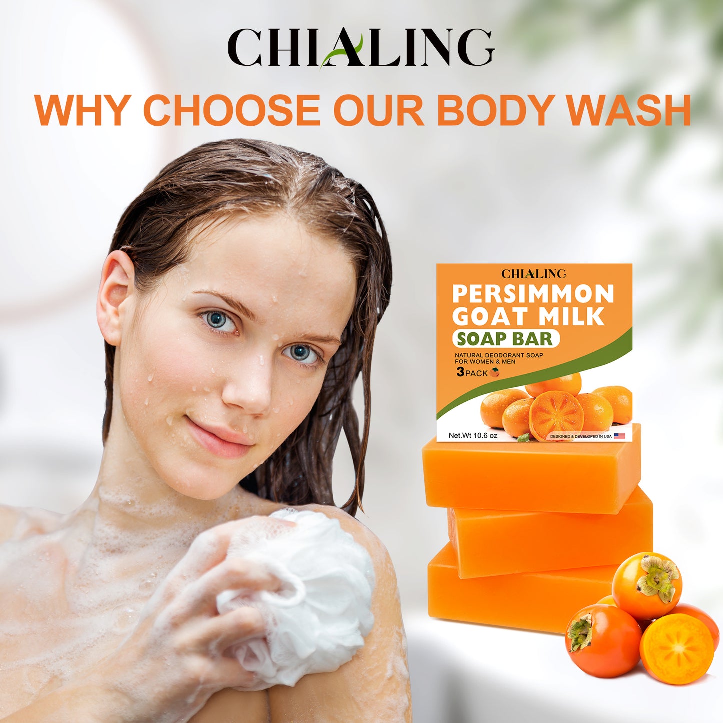 Chialing Persimmon Body Soaps Bar for Eliminate Nonenal Odor| Purely Natural Handmade| Persimmon Soap For Old People Smell Rich Persimmon & Goat Milk Extract Soap for Men & Women