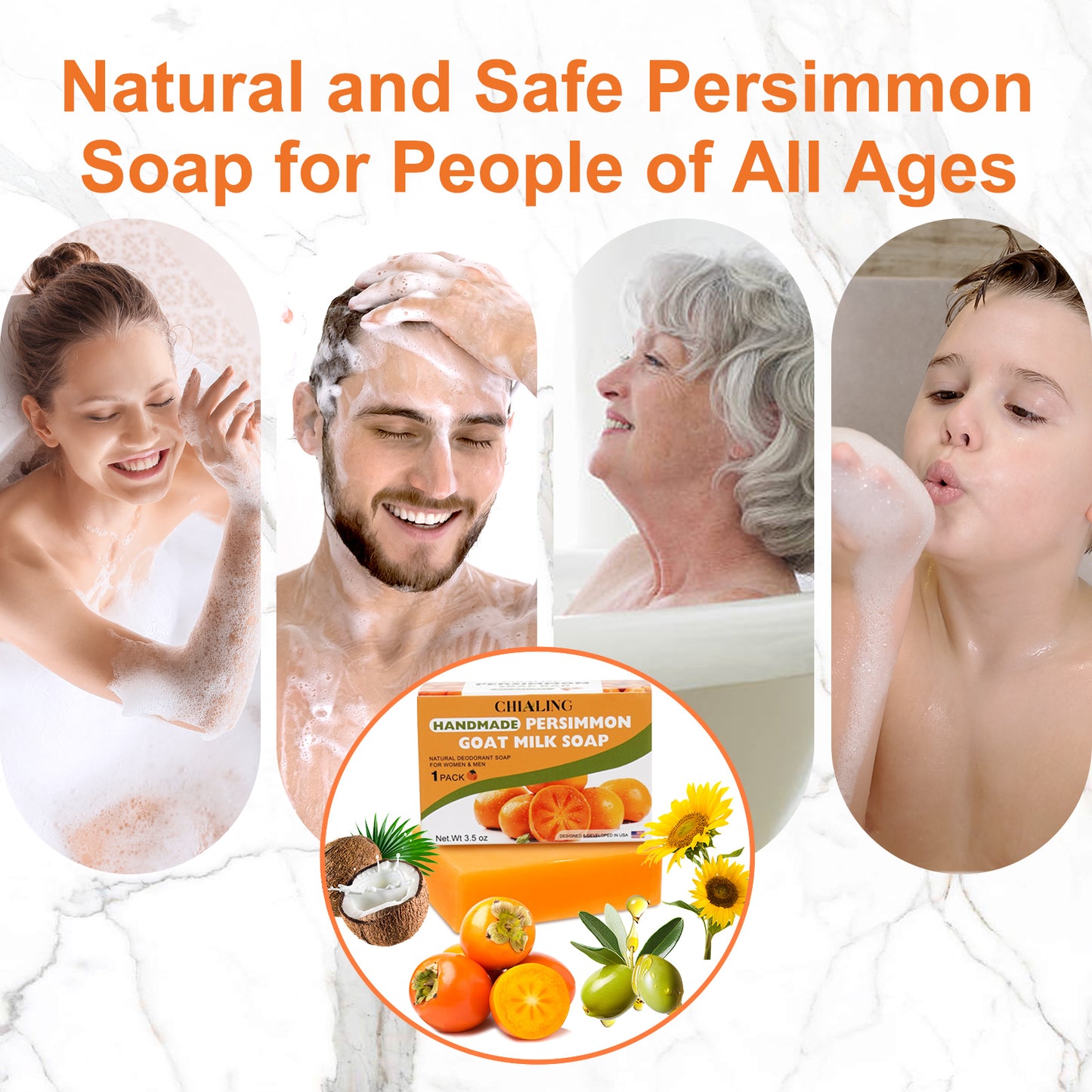 Chialing Persimmon Body Soaps Bar for Eliminate Nonenal Odor| Purely Natural Handmade| Persimmon Soap For Old People Smell Rich Persimmon & Goat Milk Extract Soap for Men & Women