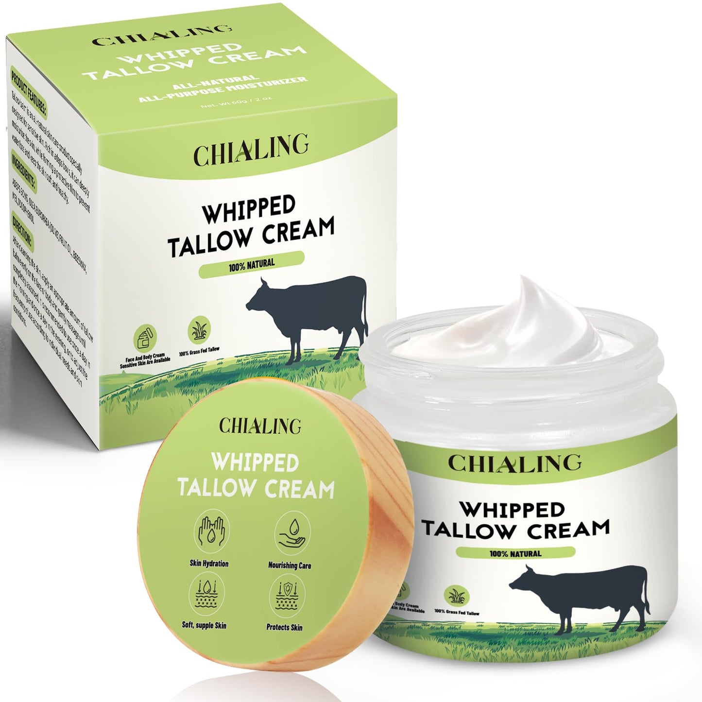 Beef Tallow For Skin, Tallow Face Moisturizer, 100% Grass Fed Beef Tallow And Honey Balm, Whipped Beef Tallow Body Lotion Skin Care for Eczema, Dry, Itchy,Sensitive Skin - Made in USA-2.0 Oz Unscented