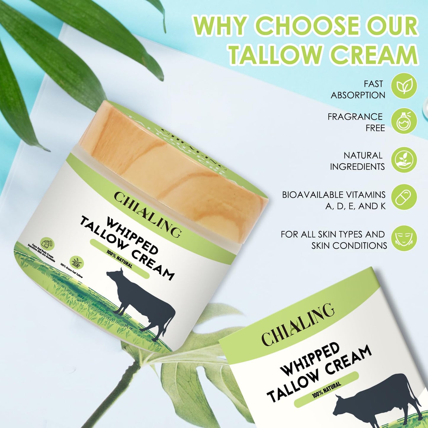 Beef Tallow For Skin, Tallow Face Moisturizer, 100% Grass Fed Beef Tallow And Honey Balm, Whipped Beef Tallow Body Lotion Skin Care for Eczema, Dry, Itchy,Sensitive Skin - Made in USA-2.0 Oz Unscented